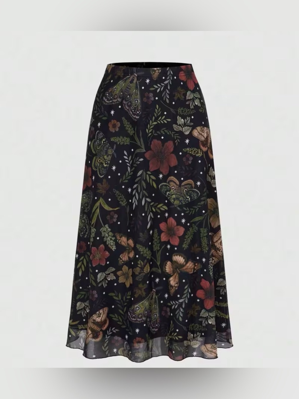 New ROMWE Black A-Line Skirt with Floral & Moth Print